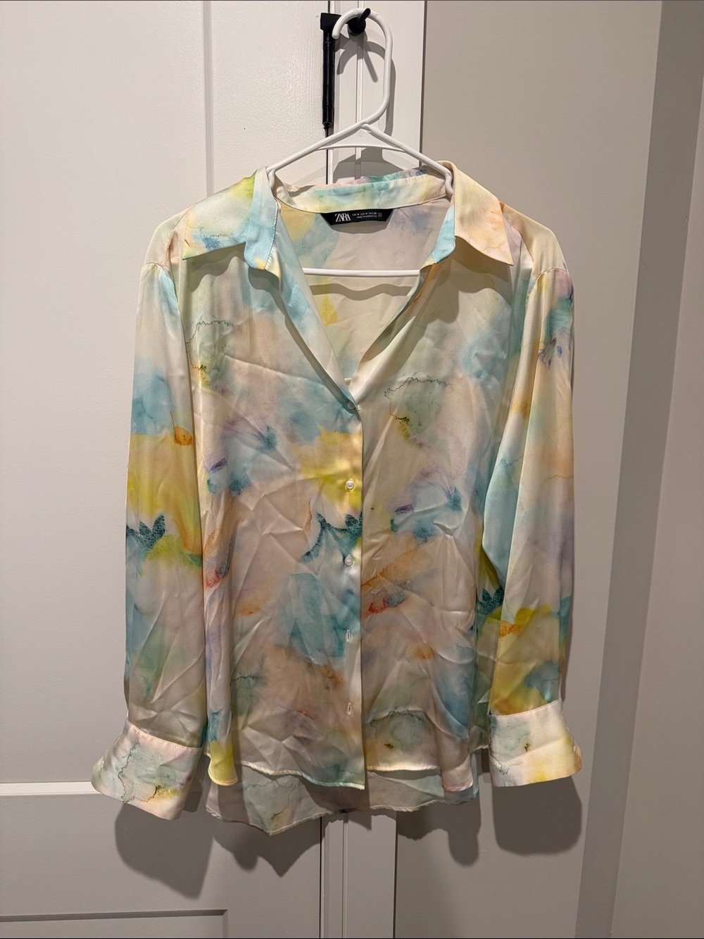 Zara Pastel Watercolor Satin Button-Down Blouse